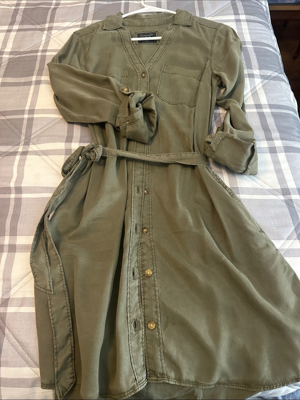A&F Olive Button-Front Shirt Dress with Belt